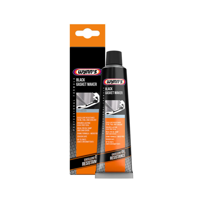 A tube of black gasket maker and its box